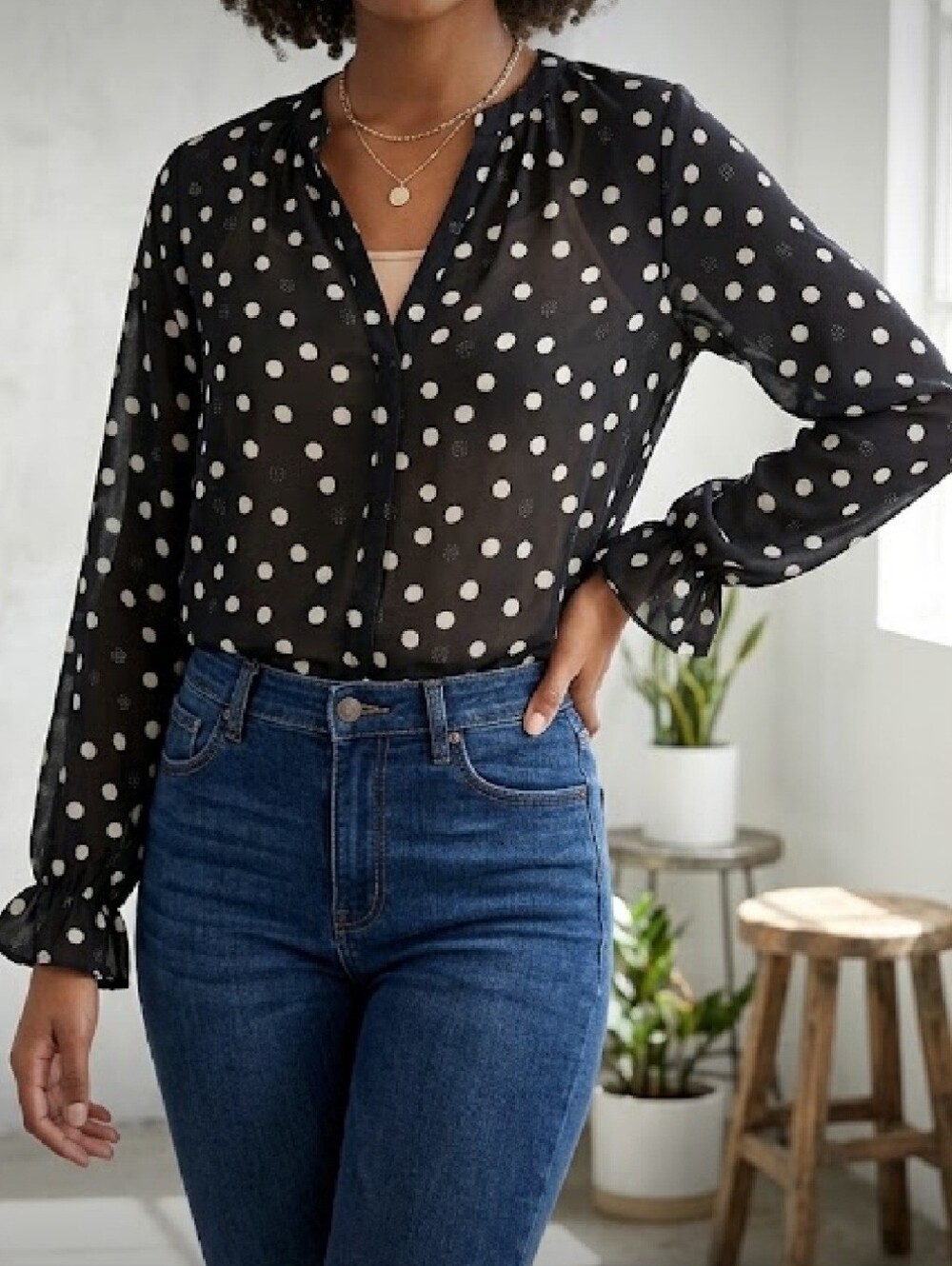 Privy black and Cream polka dot blouse top Long-Sleeve Size M